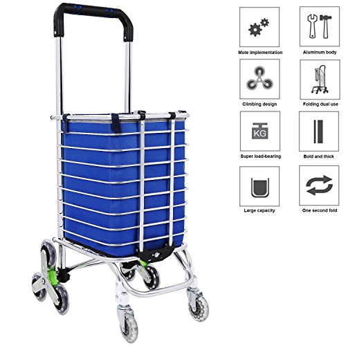 Utheing Folding Aluminum Stair Climbing Shopping Cart with Swivel Wheel Bearings and Waterproof Oxford Cloth Bag, Capacity of 177 pounds (Type1)