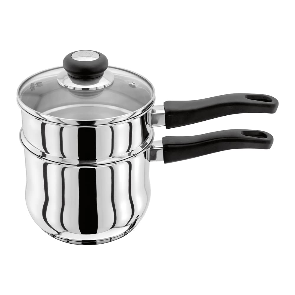 Judge Vista JJ57A Stainless Steel Porringer/Double Boiler/Bain Marie Saucepan and Base, 16cm 1.5L, Shatterproof Vented Glass Lid, Induction Ready, Oven Safe, 25 Year Guarantee