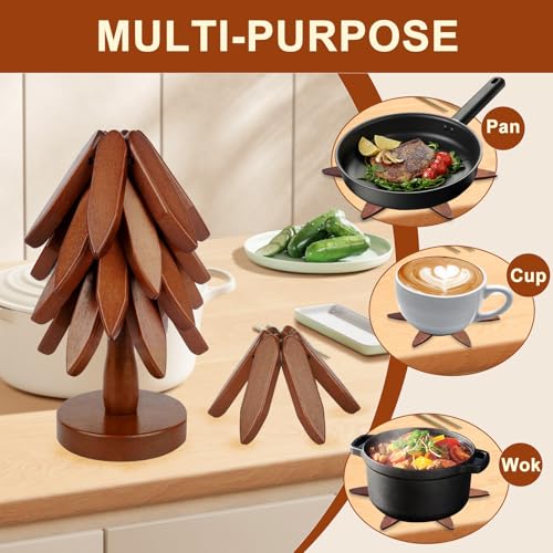 Wooden Trivets for Hot Dishes - 4 Wooden Trivets + 1 Stand, Kitchen Wooden Tree Trivet Set for Hot Dishes/Pot/Bowl/Teapot/Hot Pot Holders, Walnut