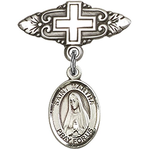 Sterling Silver Baby Badge with St. Martha Charm and Badge Pin with Cross 1 X 3/4 inches