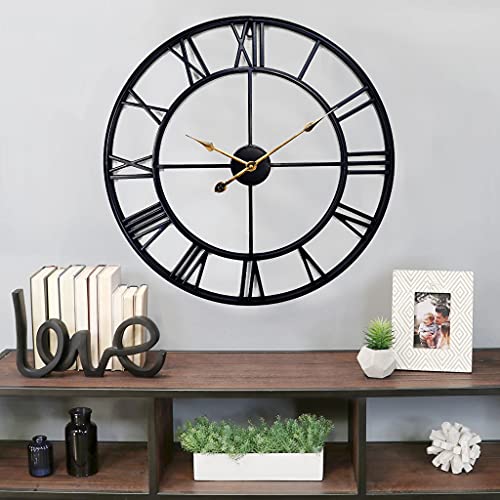 24inch Large Home Decor Wall Clock for Living Room Non Ticking Iron Art Clocks Roman Numeral,Retro Distressed Metal,Oversized