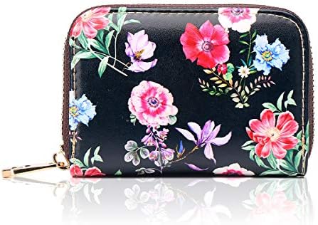 APHISONUK Credit Card Holder RFID Wallet for Women, Cartoon Patterns Accordion Style Small Purse for Girls/Gift Box (Black Flower(032))