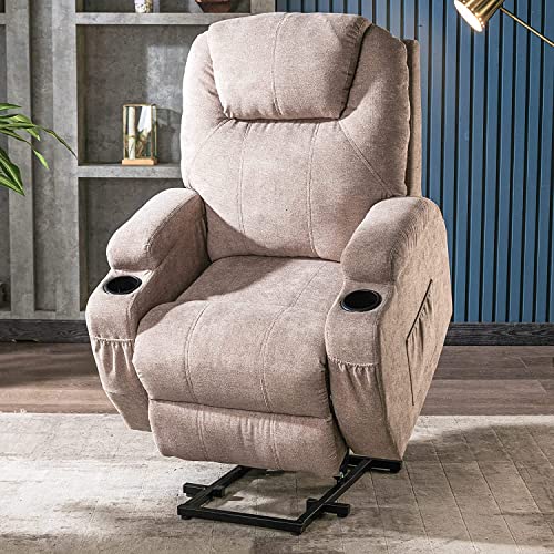 Power Lift Recliner Chair Massage Chair for Elderly, Electric Lift Chair with Heat and Massage, Fabric Recliner Sofa with 2 Cup Holders, Side Pockets & Remote Control for Living Room (Light Brown)