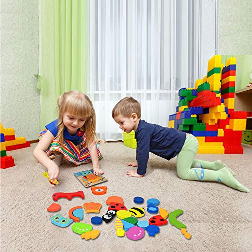 Kulariworld Wooden Jigsaw Puzzles Toys for Toddlers Boys Girls 1 2 3 Years Old 6 Pieces Preschool Educational Toy Gift with Vibrant Color Animal Vehicle Shapes