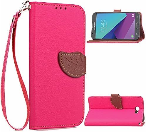 Samsung Galaxy J3 Emerge Case,J3 Prime,J3 Eclipse,Sol 2,Amp Prime 2 Case,Embossed Leather Wallet Flip Protective Cover Case For Samsung Galaxy J3 2017 J320 With Card Slot Wrist Strap (Leaf Pink)