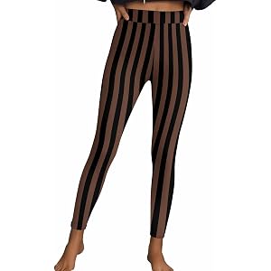 Maayoae Women Halloween Fun Stripe High Waist Stretch Leggings | Soft stretch full length striped leggings with color block v