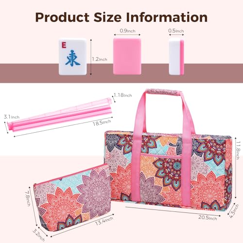 Kyerlish American Mahjong Tile Set with Printed Carrying Bag, 166 Premium Pink Tiles, 4 All-in-One Racks/Pushers and Accessories, Mahjong Set, Complete Mahjong Game Set for Travel,Gifts（Pink Flower）