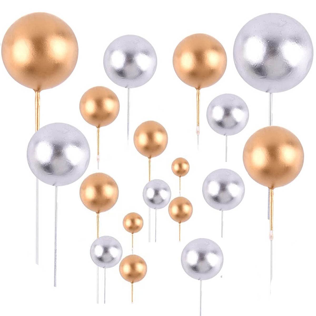 Ddfly 66Pcs Balloon Cake Decorations, Mini Round Gold Faux Pearl Balls Cupcake Toppers, Foam Ball Cake Picks DIY Cake Insert Topper for for Kids Birthday Party Wedding Cake Decoration (Gold+Silver)