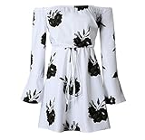 Ouduokiya Women Sexy Flower Print Long Sleeve Off Shoulder Short Dress (S, Black)
