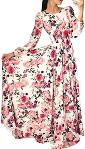 Kimloog Womens O-Neck Floral Print Puff Sleeve Boho Floor-Length Dress Beach Maxi Sundress