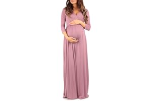 Mother Bee Maternity V-Neck 3/4 Sleeve Ruched Waist Dress