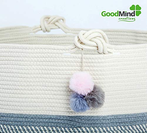 Extra Large Cotton Rope Basket 21.7"x21.7"x13.8" Soft and Safe for Kid's Room Laundry Hamper Storage Organizing Bag for Baby Clothes and Blankets, Kids Toys. Grey Nursery Woven Bin Home Decor Baskets.
