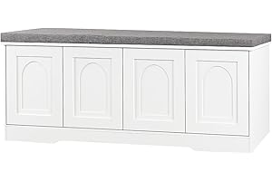 DINZI LVJ Shoe Bench, Entryway Storage Bench with Doors, Cushion, 2-Tier Shoe Rack with 8-Cubby, 47.2”L x 13.8”W Shoe Organizer Cabinet, Adjustable Shelf, Living Room, Bedroom, White