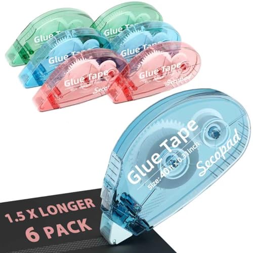 Secopad 1.5X Longer Scrapbook Tape, 6 Pack Double Sided Tape Roller for Crafts, Adhesive Glue Runner for School Office Teacher Journal Supplies, Glue Roller for Kids and Adults, 240FT Total