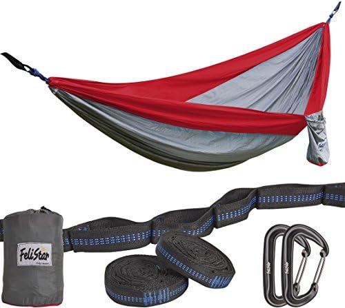 Hammock - Camping Double Hammock- Portable Parachute Nylon Hammock With Tree Straps &amp; Alloy Carabiners For Backpacking Garden, Backyard,Hiking &amp;Traveling (RED/GREY, SINGLE)