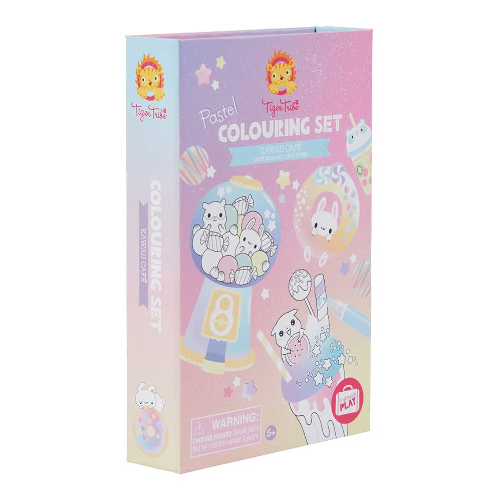Tiger Tribe Pastel Coloring Set - Kawaii Café - Cute Activity Set for Kids, incl. Stickers & Double-Ended Pastel Markers, Perfect for Travel, Gifting