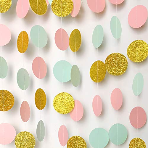 Paper Garland Circle Dots Streamer Backdrop Hanging Decorations for Birthday Baby Shower Wedding Decor - 5 Pack, 6.6 Feet Each (Pink,Mint,Gold)