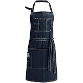 Jowcud Denim Apron With 5 Pockets for Cooking Kitchens,Hairstylist Aprons for Women Men,Adjustable Bib Jean Apron for Arts Gardening Cafes Bars Work