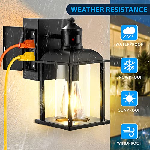 Outdoor Lights with GFCI Outlet, HIHUOS Dusk to Dawn Motion Sensor Porch Light Fixture, 3 Lighting Modes Outside Wall Lantern, Waterproof Anti-Rust Exterior Sconce Lights for House Garage Patio