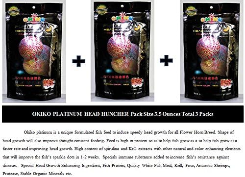 Flowerhorn Fish Food (3.5 Ounces (100 g), Pellets Size M Total 3 packs. Okiko platinum is a unique formulated fish feed to induce speedy head growth