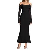 KUTUMAI Off Shoulder Long Sleeve Maxi Dress Corset Bodycon Ruched Cocktail Formal Wedding Guest Dresses for Women