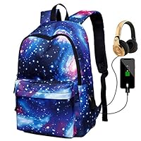 KaixinRoom Unisex Galaxy Print School Bags Laptop Backpack with USB Charging Port (Blue)
