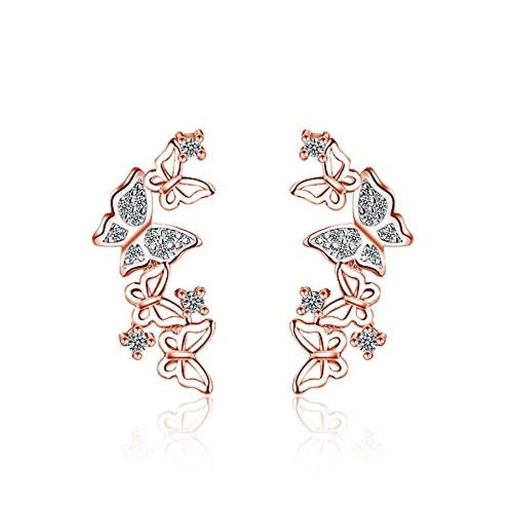 Hollow Butterfly CZ Cuff Wrap Studs Earrings for Women Girls Pierced Ear Sterling Silver Plated Fashion Cubic Zirconia Cute Filigree Crawler Climber Hypoallergenic (Rose Gold)