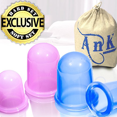 Anti Cellulite Silicone Vacuum Massage Therapy Suction Cupping Cups - Set of 4 ( 2 large + 2 Medium ) Hard & Soft CUP for Cellulite Remover & Body Massage Treatment
