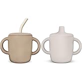 KIDSco. Silicone Sippy Cup with Easy Grip Transition Handles, Soft Spout and Straw. A Non Toxic No Spill Unbreakable Training Cup 5oz/150ml (Oat and Tan)