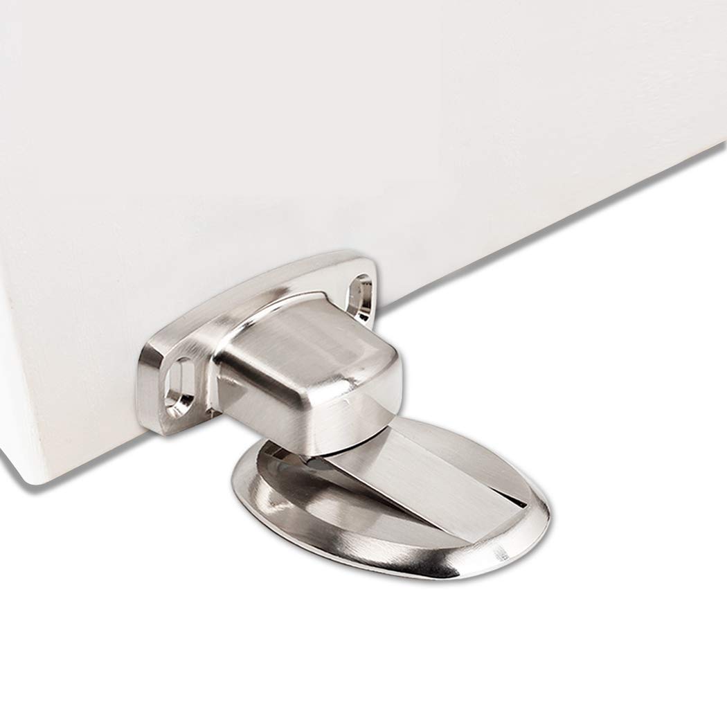 PHOEWON Strong Magnetic Door Stopper Metal Door Stop Heavy Duty Door Catch with 3M Self Adhesive Conceal Screws Floor Mounted, 2pcs,Silver