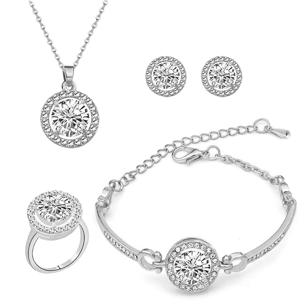 TOFBS Jewellery Set for Women and Girls Halo Pendant Necklace Earrings Bracelet and Ring Set Cubic Zirconia Jewellery Set (Silver)