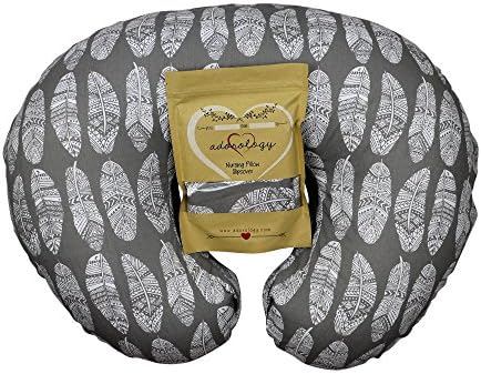 AdorologyNursing Pillow Slipcover, Gray Feathers Design, Maternity Breastfeeding Newborn Infant Feeding Cushion Cover Case, Baby Shower for New Moms