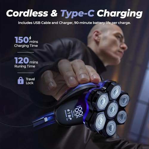 Xcdgiogw 7D Electric Head Shaver: Head Shavers for Bald Men - Waterproof Wet Dry Razor for Men Daily - Smart LED Display, 90-Min Runtime & Type-C - Classic Motorcycle Style