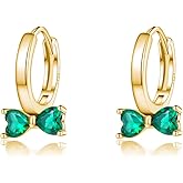 SLUYNZ 925 Sterling Silver Green CZ Bow Hoop Earrings for Women Teen Girls Love Bow Hoop Earrings Huggie