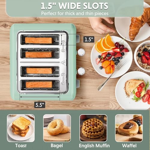 BUYDEEM DT640 4-Slice Toaster, 7 Shade Settings, Extra Wide 1.5’’ Slots for Bagel & English Muffin, 6 Toasting Functions, Retro Stainless Steel Toaster with High Lift Lever, 1800W, Cozy Greenish
