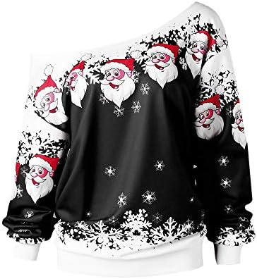 Youngh Christmas Womens Sweatshirt Skew Collar Santa Claus Print Loose Long Sleeve Casual Shirt Tops Blouse