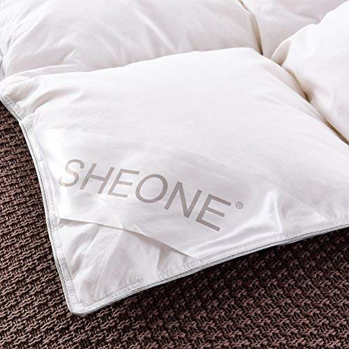 SHEONE All Seasons Lightweight White Goose Down Comforter-650 Fill Power-100% Cotton Shell Down Proof-Solid White Hypo-allergenic Duvet Insert With Tabs (Queen)