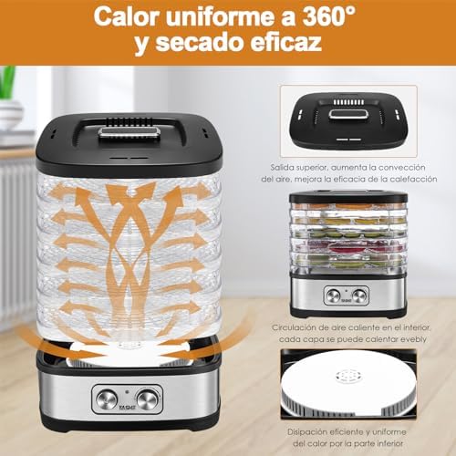 GGJ-261A Deshidratador de Alimentos, 5 Bandejas Ajustables en Altura, Control de Temperatura 35-70°C, Deshidratador de Frutas y Verduras de 240 Vatios, Sin BPA