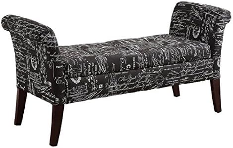 Fabric Bench Storage Ottoman, Bedroom Bench, Living Room Backless Bench w/ Script Print Design, w/ Thick Foam Padding &amp; Elegantly Scrolled Arms, 53.5L x 17W x 26.25H in. + Free Ebook (Black)