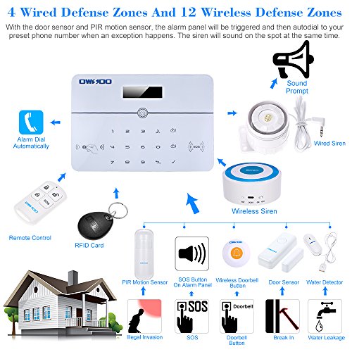 OWSOO Home Burglar Security Alarm System 433MHz Wireless Auto-dial PSTN LCD Display Remote Control With 9pcs Window Sensors +4pcs PIR Motion Sensors +1pcs Water Intrusion Leakage Sensor + Sirens
