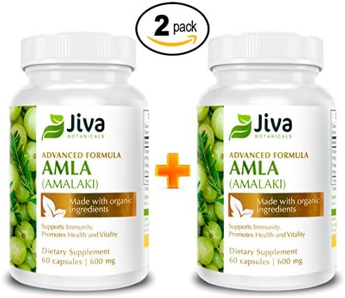 Organic Amla Powder Capsules (600mg Advanced Extract Formula) by JIVA BOTANICALS – Potent Antioxidant, High in Organic Vitamin C. [ 2 Pack ] [120 Capsules Total]