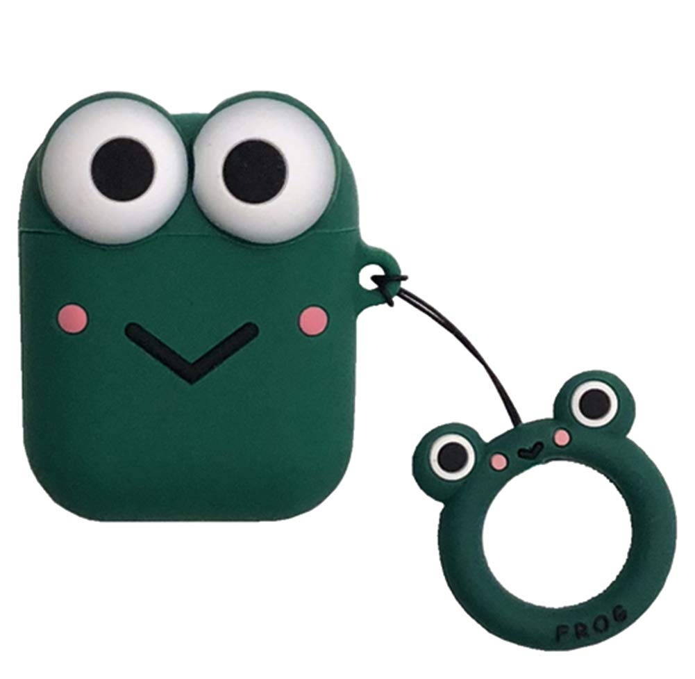 SGVAHY Cute Airpods Case, Fun Creative 3D Cartoon Frog Shape Cover with Ring Buckle Holder Soft Silicone Shockproof Cover for Apple Airpods (Frog Green)