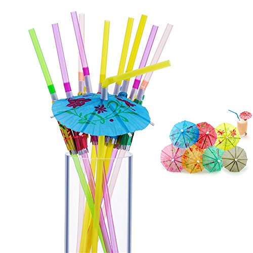 100 Pcs Hawaiian Umbrella Straws Cocktail Parasol Umbrella Straws Disposable Plastic Bendable Drinking Straws for Birthday Wedding Tropical Luau Parties, Bars, Restaurants