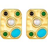 Geometric Square Stud Earrings for Women Blue Turquoise Cabochon Gemstones Earrings Stainless Steel Studs Bohemian Style Vintage Ear Jewelry