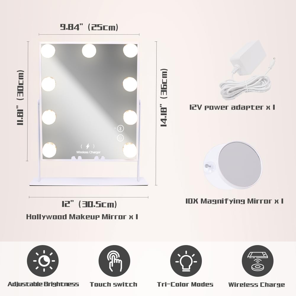 COOLJEEN Vanity Mirror with Lights and Bluetooth, Wireless Charging Lighted Vanity Mirror with Phone Stand, 9-Bulb 3 Color Lighting Tabletop Lighted Makeup Mirror, 360°Rotation