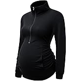 DEBELLY Maternity Shirt with Pocket Women's Lapel Top Casual Pregnancy Long Sleeve Zipper Hoodie