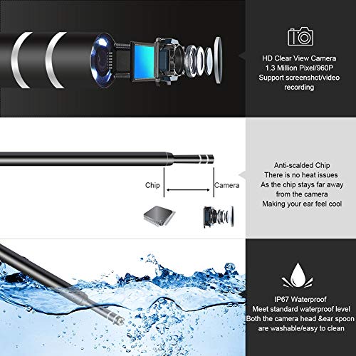 Aisheny 3-in-1 Digital Led Otoscope, Protable Ear Camera Scope Earwax Removal Kit Ear Wax Cleaning Tool Waterproof Rated IP67, USB Micro USB Type-C