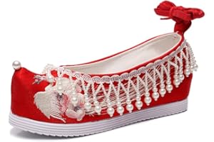Hcclijo Pointed Toe Embroidery Wedge Shoes Pearls Tassels Chinese Wedding Cheongsam Hanfu Ancient Women Oriental Phoenix