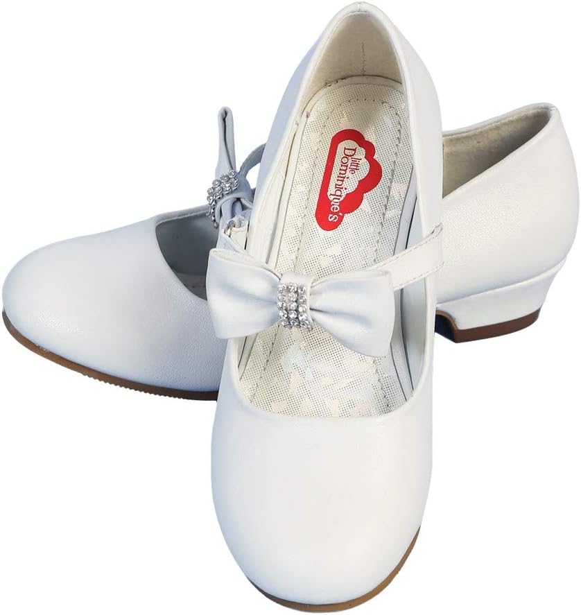 Angels Garment Little Girls White Rhinestone Bow Heeled Shoes 5-10 Toddler