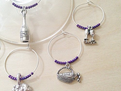 Wine themed Wine Charms. Includes Bottle, corkscrew, grapes, wine glasses with Cheers, picnic basket, etc. Wine Lover Gift, Stocking Stuffer. Set of 4 to Set of 6.